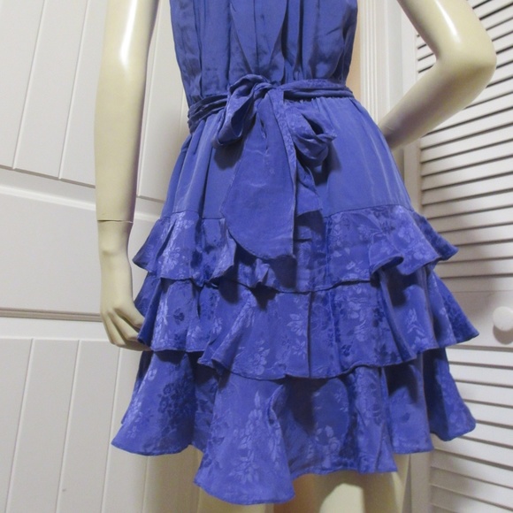 Rebecca Taylor Ruffle Tiered Cocktail Party Dress 6 100% SILK Floral Purple Boho - Picture 7 of 8